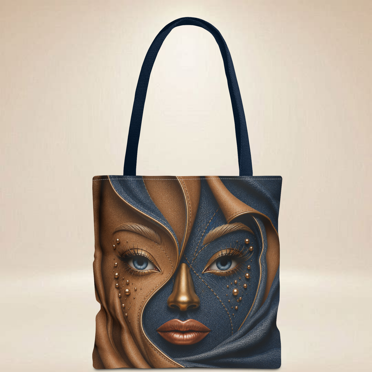 Abstract Bronze & Navy Face Tote Bag | Double-Sided Art Tote