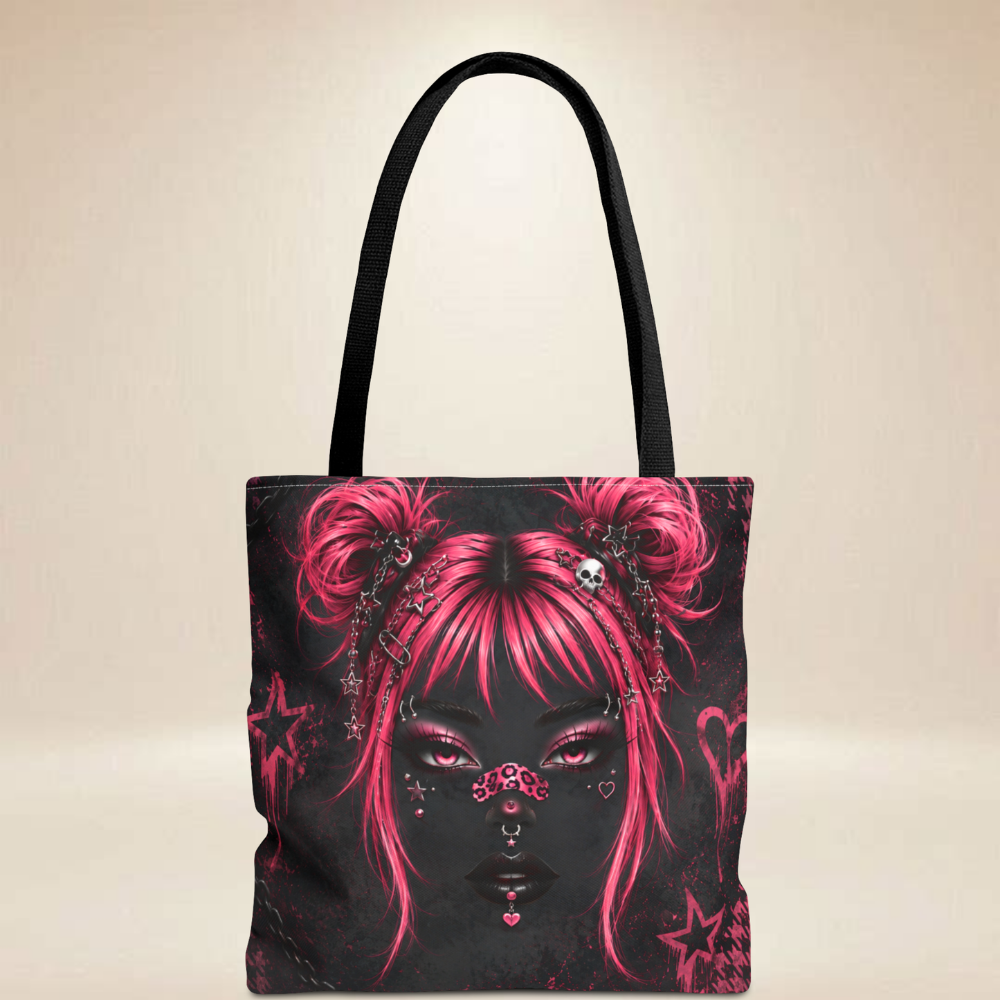 Pink Punk Face Tote Bag | Double-Sided Goth Art Tote