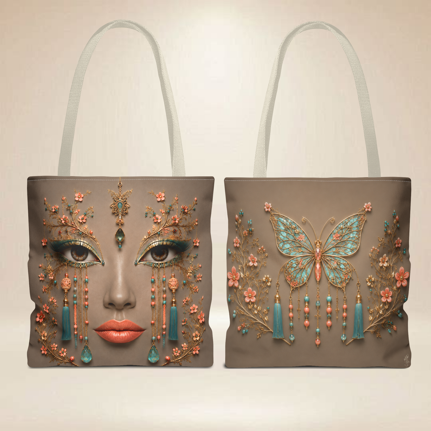 Turquoise & Coral Face Tote Bag | Double-Sided Butterfly Art Tote |