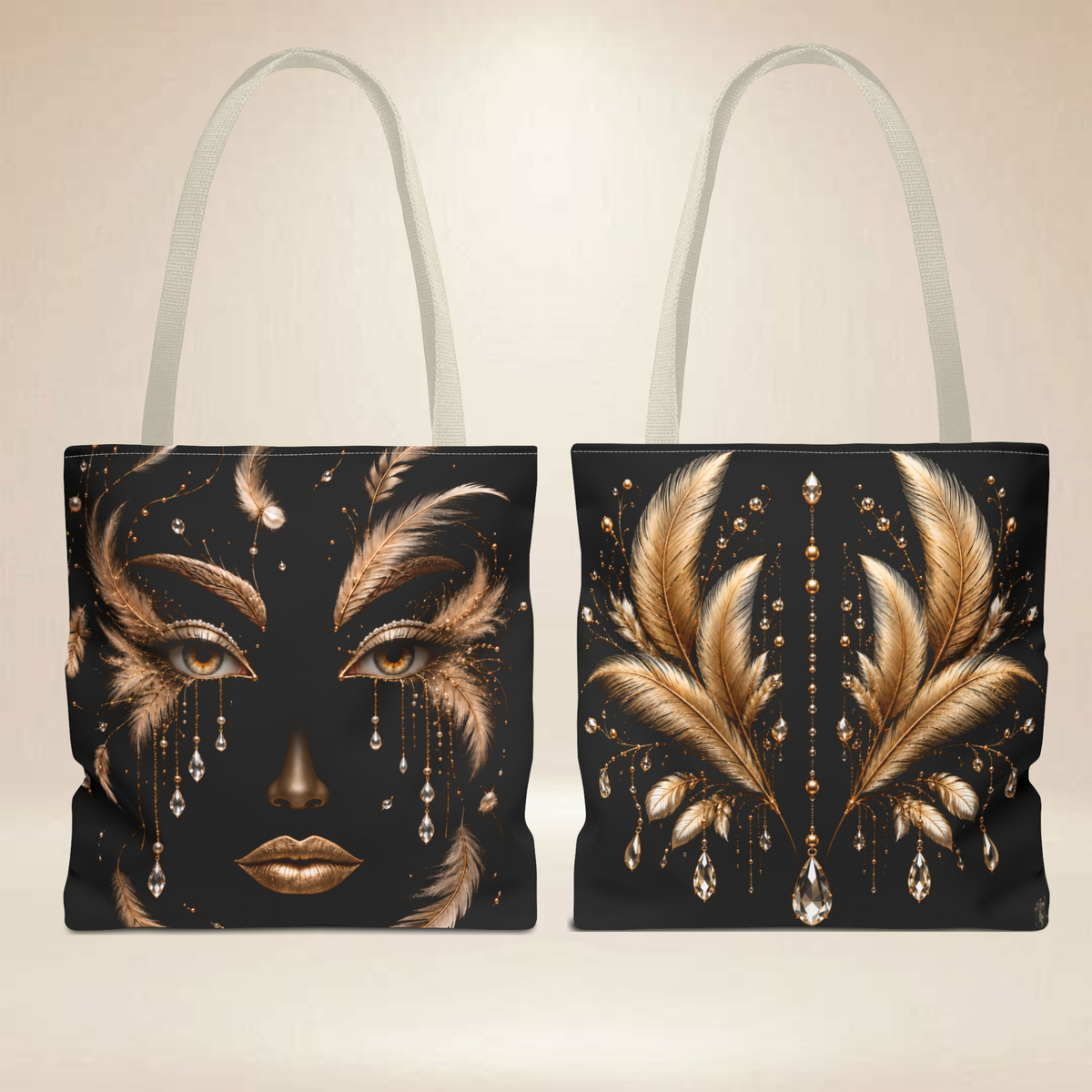 Black Feather Face Tote Bag | Double-Sided Art Tote
