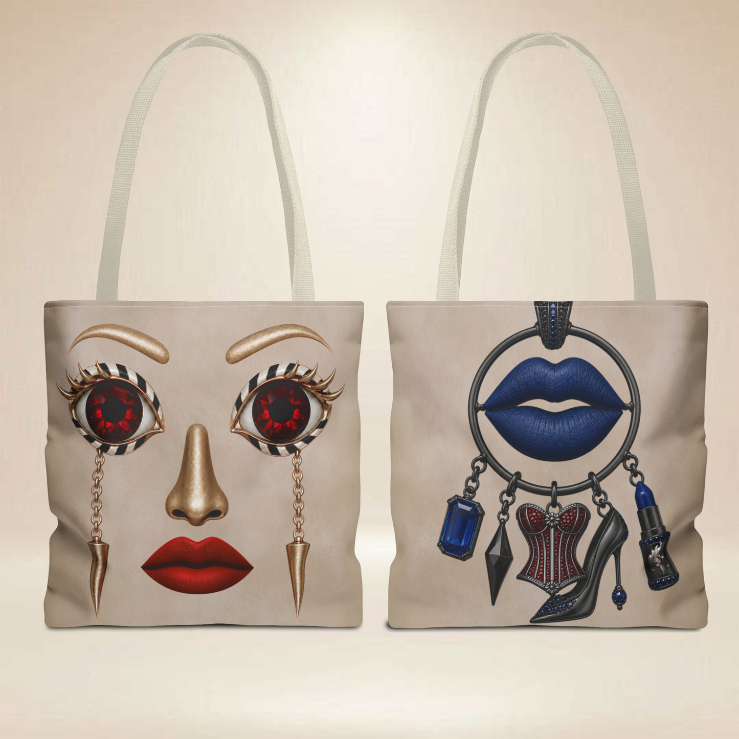 Ruby Eye Face Tote Bag | — Bold Lip & Jewelry Art Double-Sided Art Tote