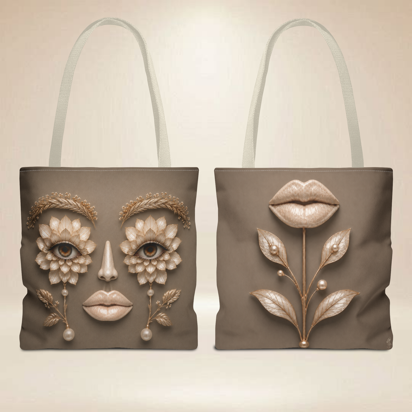 Magnolia Floral Face Tote Bag — Sculpted Floral Eyes & Lip Design