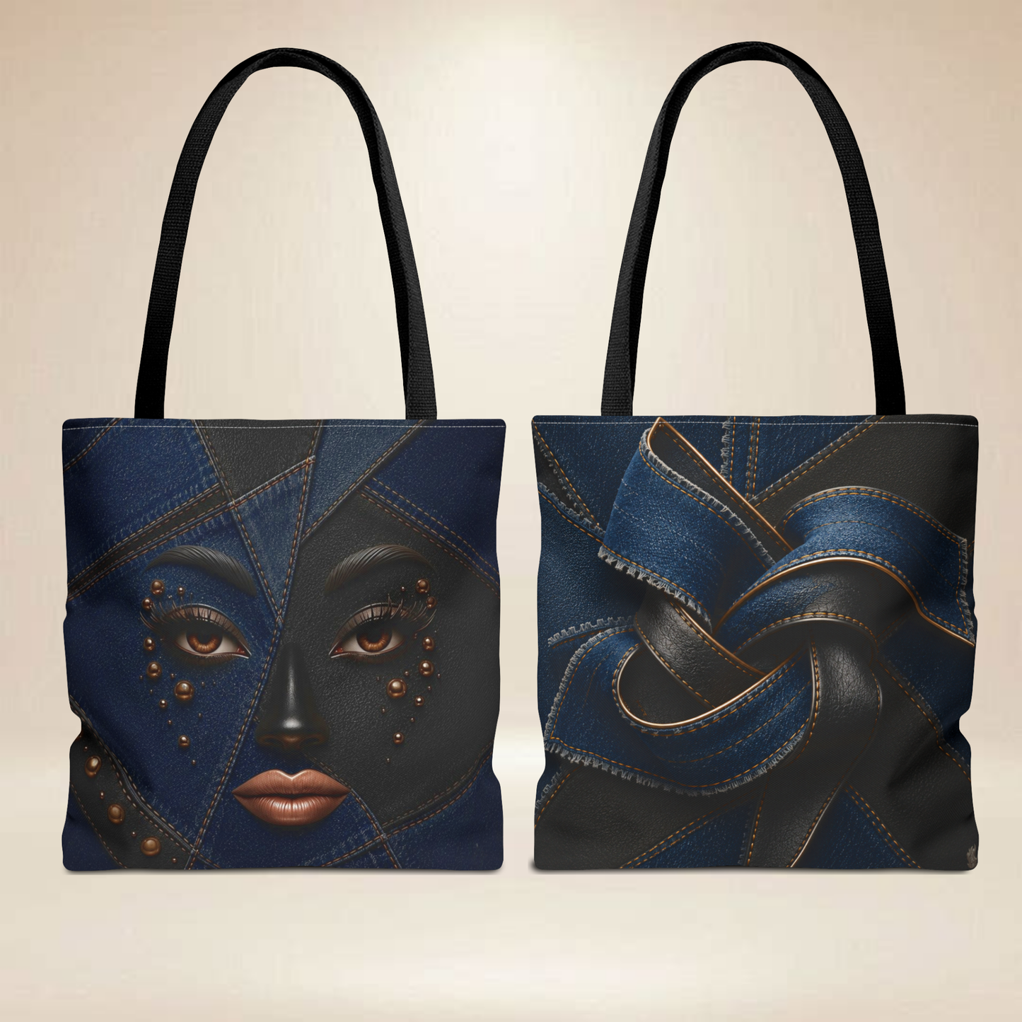 Denim "INSPIRED" Patchwork Face Tote Bag | Double-Sided Art Tote