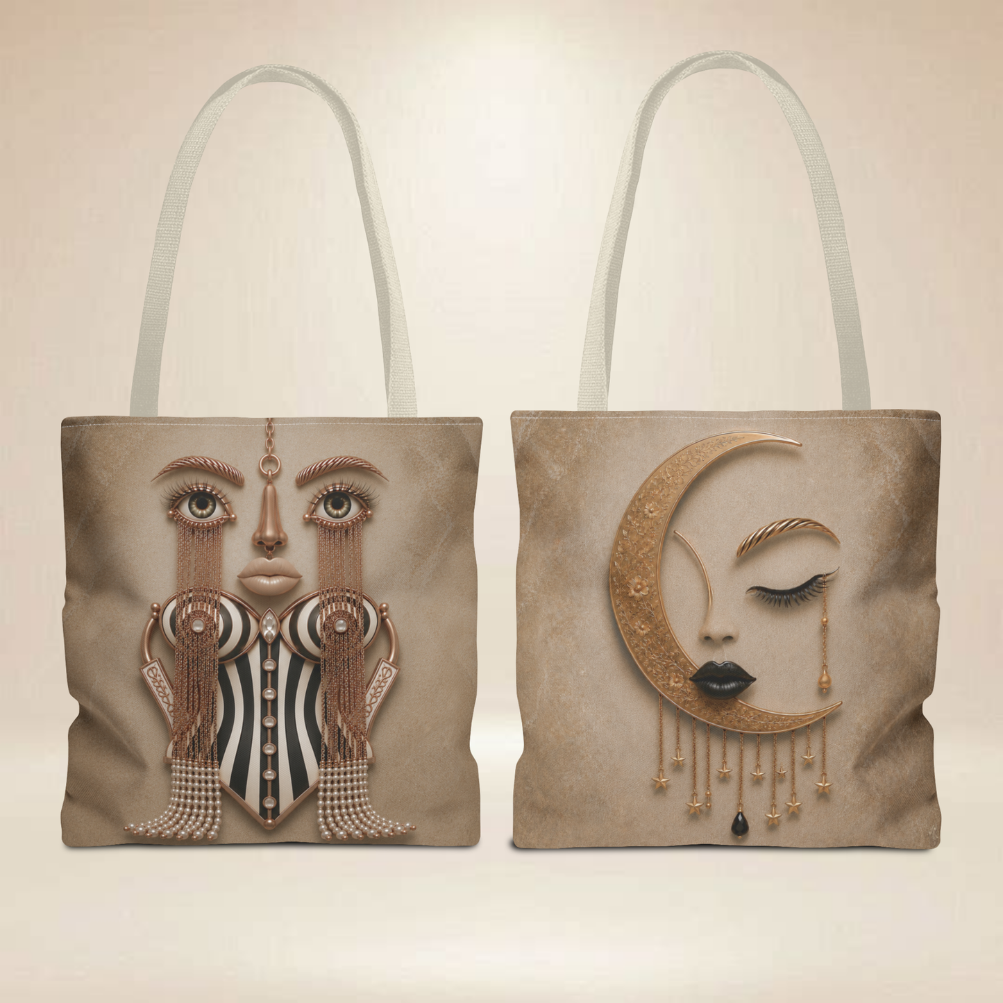 Corset Face and Moon Tote Bag | Double-Sided Tote Bag