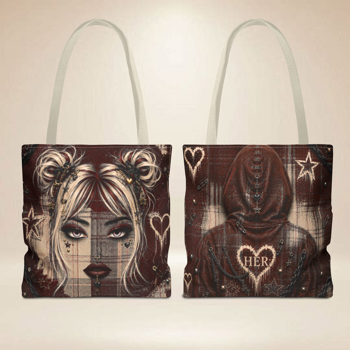 Plaid Face Tote Bag | Double-Sided Alternative Art Tote