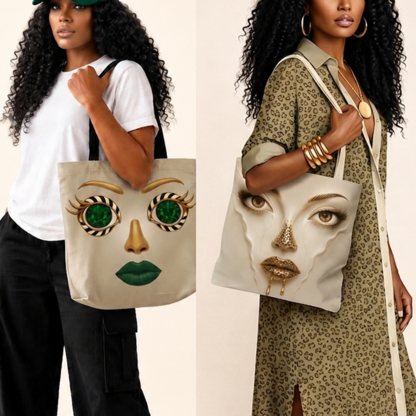 Emerald Eyes Face Tote Bag | Double-Sided Art Tote