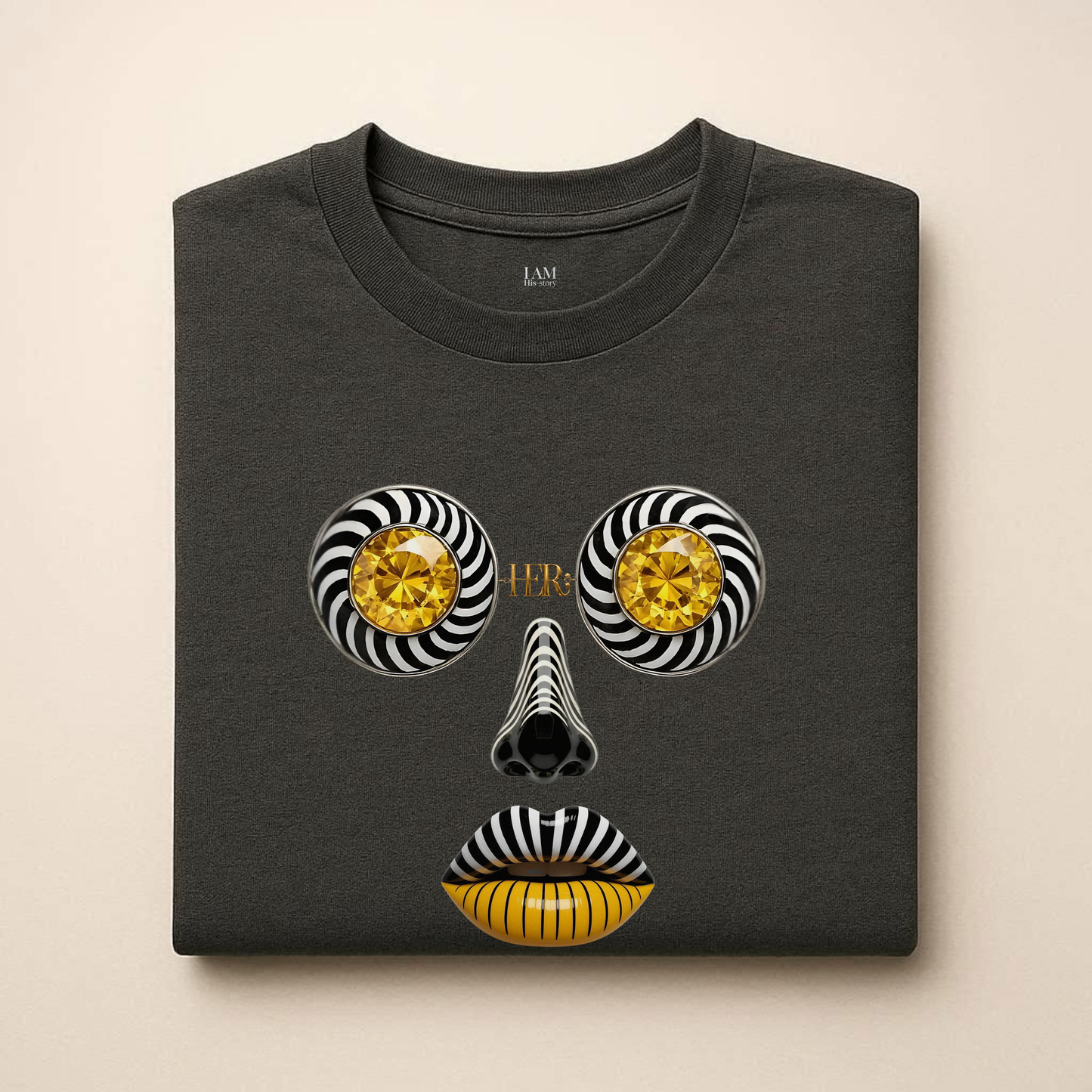 Abstract Face Graphic T-Shirt — Gold Spiral Eyes & Striped Features