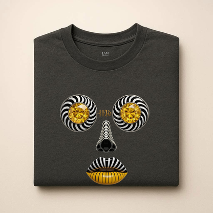 Abstract Face Graphic T-Shirt — Gold Spiral Eyes & Striped Features