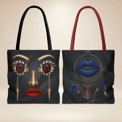 Ruby Eye Face Tote Bag | Bold Lip & Jewelry Art Double-Sided Art Tote