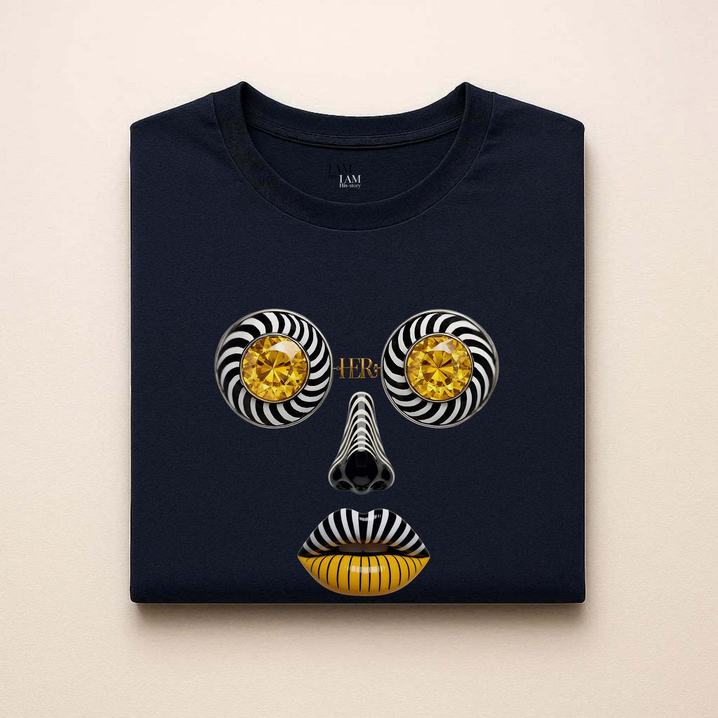 Abstract Face Graphic T-Shirt — Gold Spiral Eyes & Striped Features
