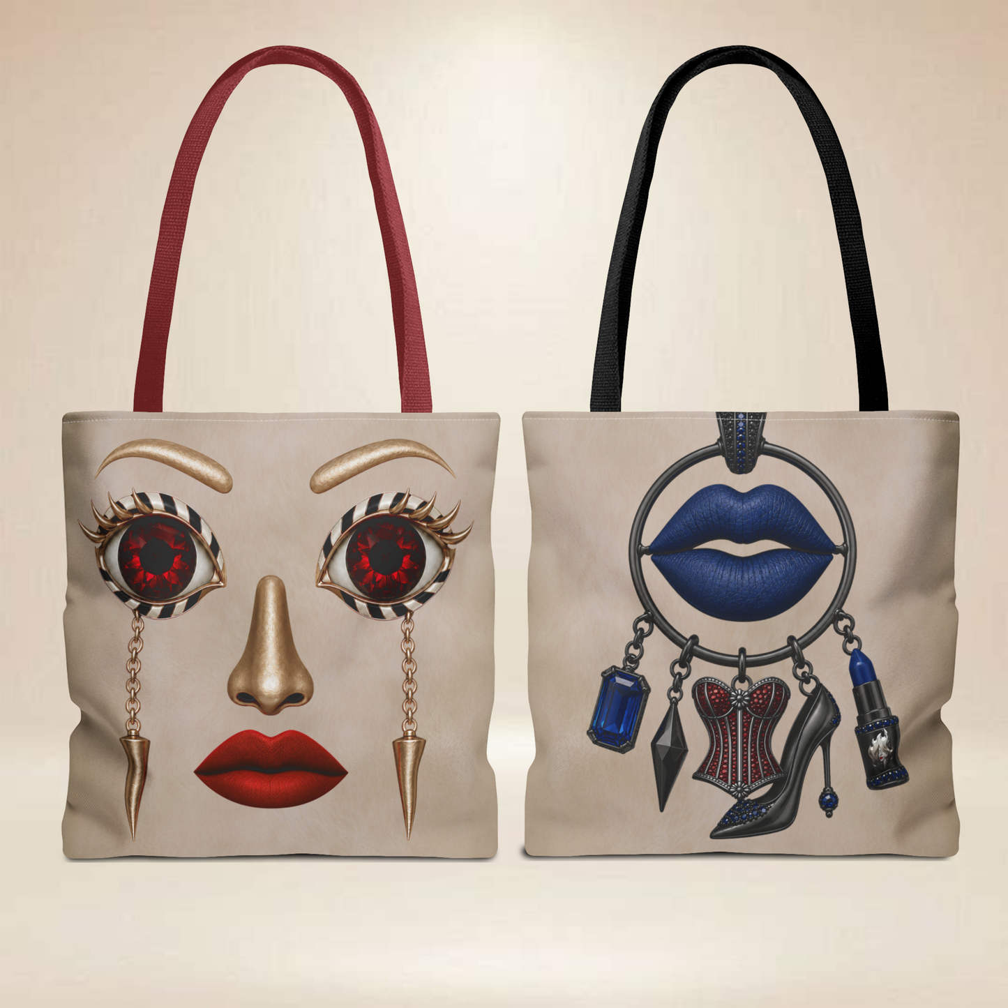 Ruby Eye Face Tote Bag | — Bold Lip & Jewelry Art Double-Sided Art Tote