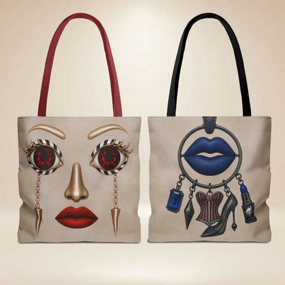 Ruby Eye Face Tote Bag | — Bold Lip & Jewelry Art Double-Sided Art Tote