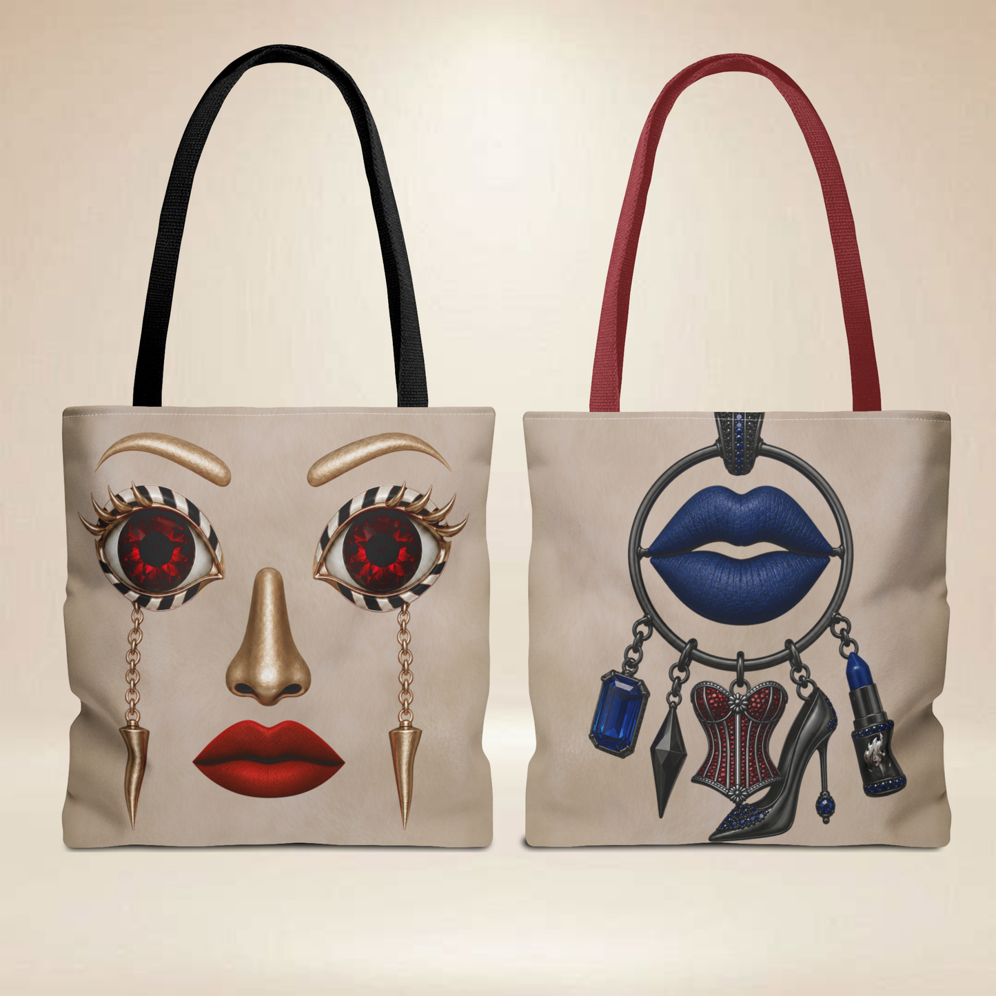 Ruby Eye Face Tote Bag | — Bold Lip & Jewelry Art Double-Sided Art Tote