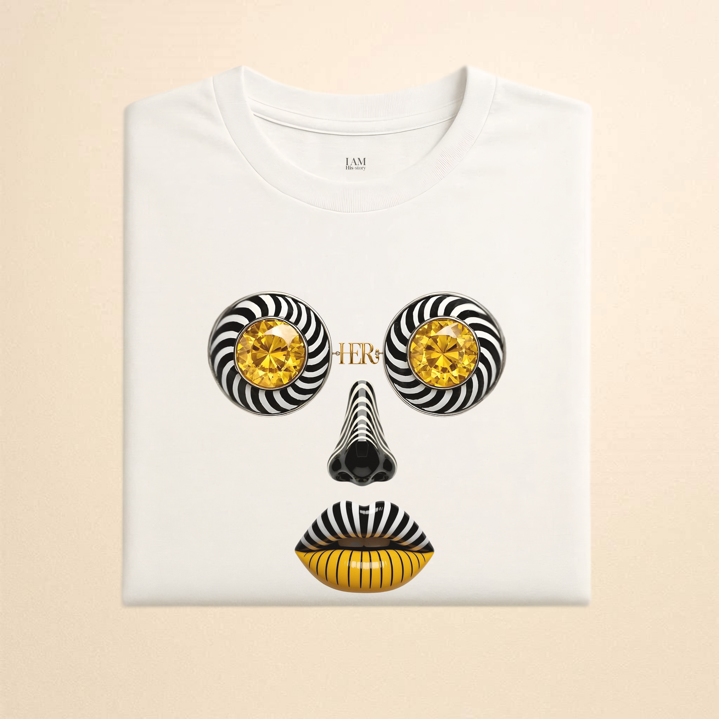 Abstract Face Graphic T-Shirt — Gold Spiral Eyes & Striped Features