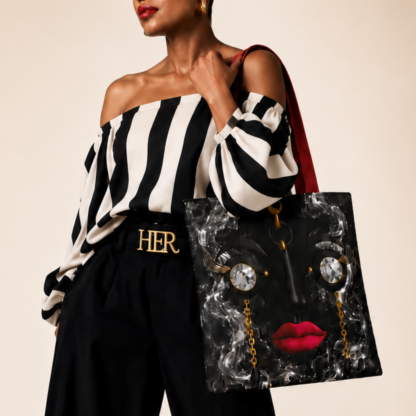 Smoke & Diamonds Face Tote Bag | Double-Sided Art Tote