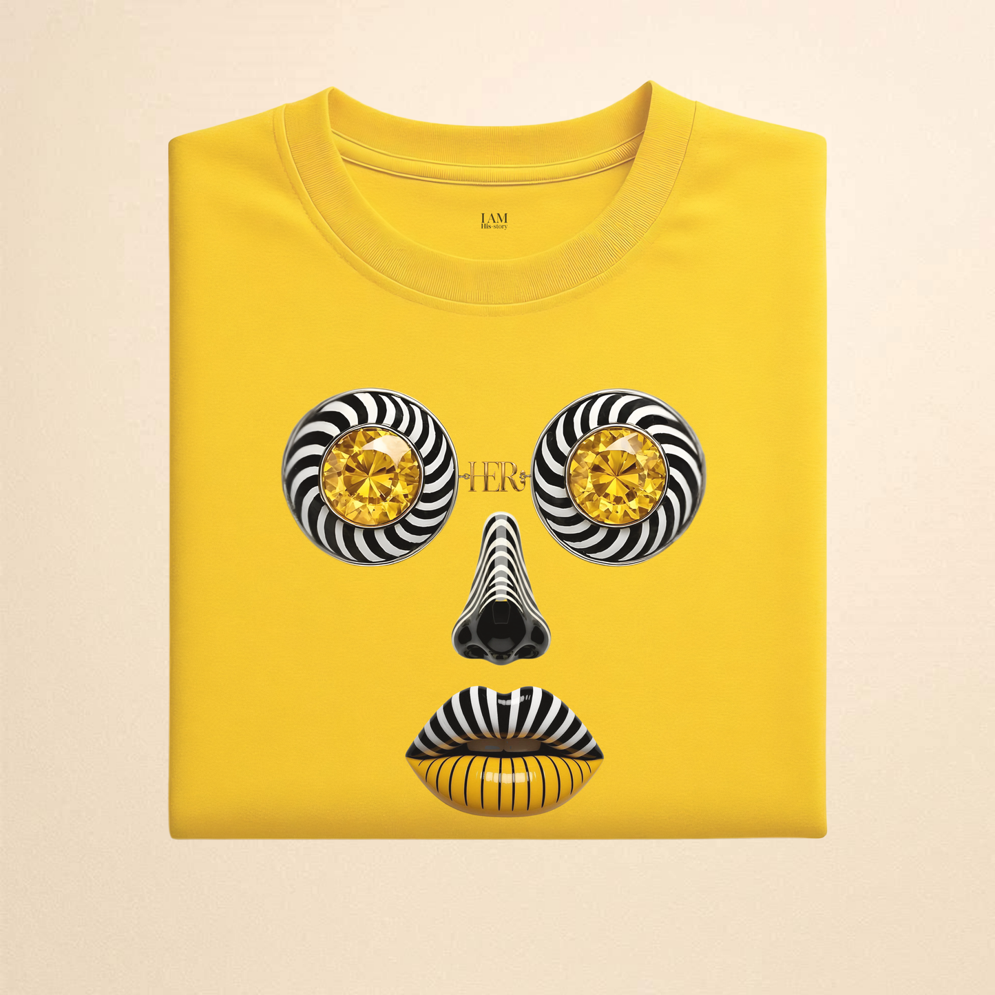 Abstract Face Graphic T-Shirt — Gold Spiral Eyes & Striped Features