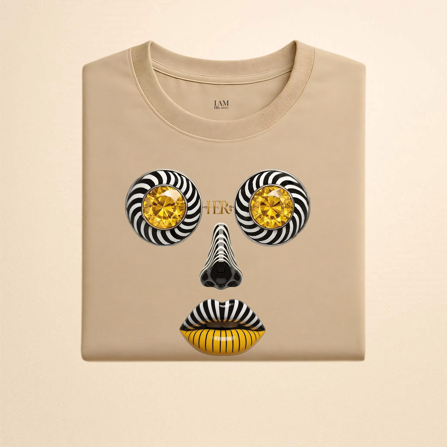 Abstract Face Graphic T-Shirt — Gold Spiral Eyes & Striped Features