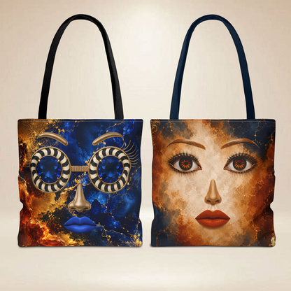 Blue & Gold Face Tote Bag | Double-Sided Statement Art Tote