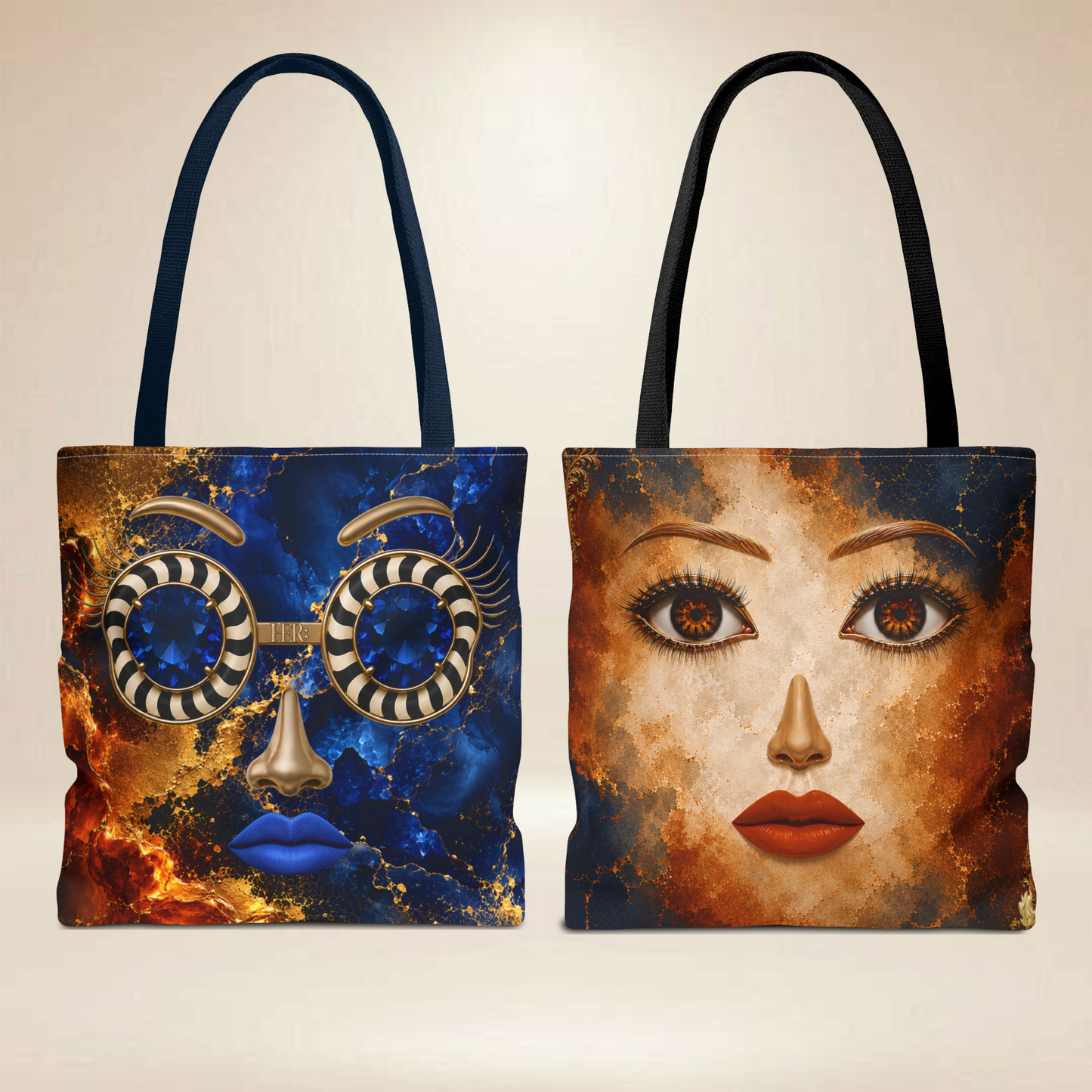 Blue & Gold Face Tote Bag | Double-Sided Statement Art Tote
