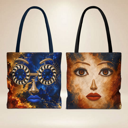 Blue & Gold Face Tote Bag | Double-Sided Statement Art Tote