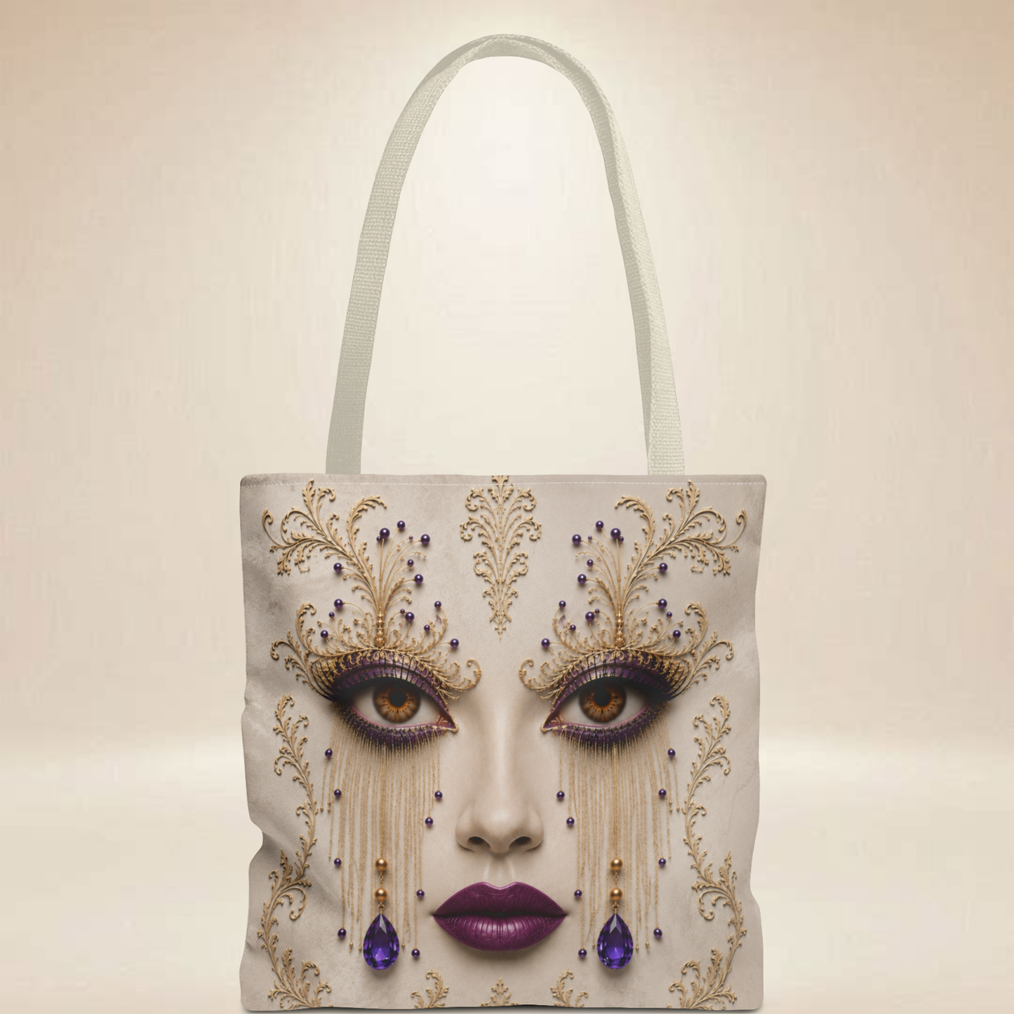 Amethyst Gaze Abstract Tote Bag — Gothic jeweled face & cross print