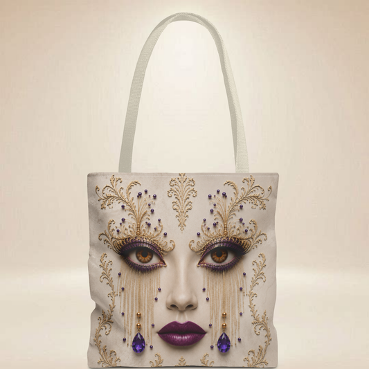 Amethyst Gaze Abstract Tote Bag — Gothic jeweled face & cross print