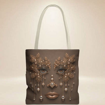 Gold Lace Filigree Face Tote Bag | Double-Sided Art Tote | Embellished Masquerade Tote Bag