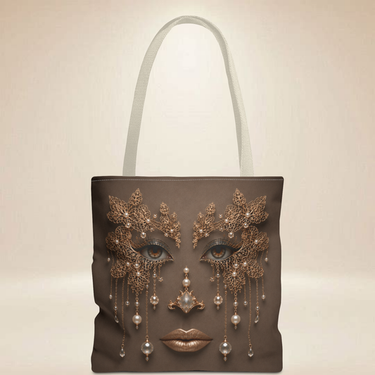Gold Lace Filigree Face Tote Bag | Double-Sided Art Tote | Embellished Masquerade Tote Bag
