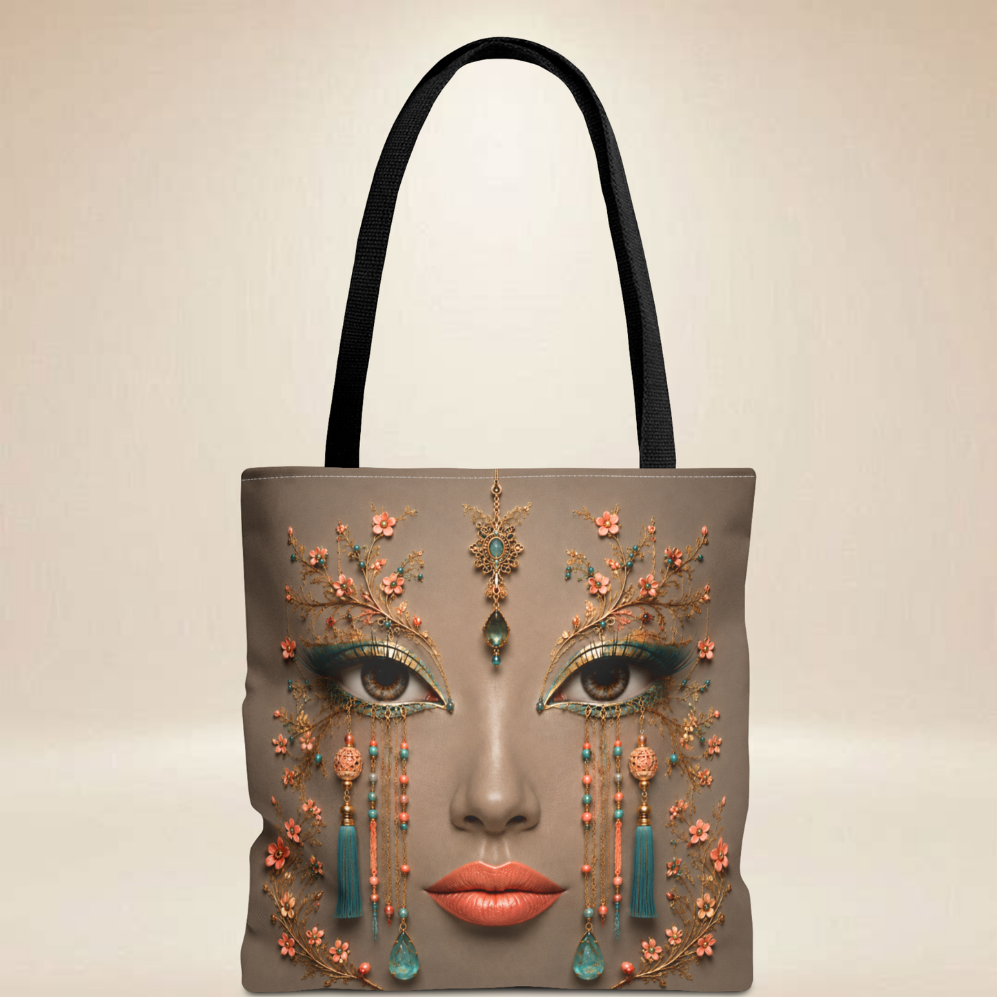 Turquoise & Coral Face Tote Bag | Double-Sided Butterfly Art Tote |