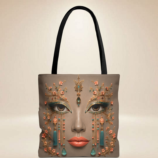 Turquoise & Coral Face Tote Bag | Double-Sided Butterfly Art Tote |