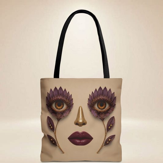 Purple Floral Face Tote Bag | Double-Sided Art Tote