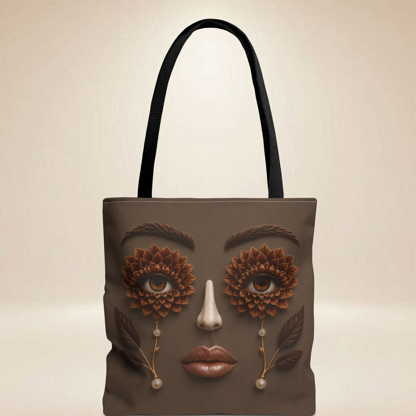 Brown Dahlia Face Tote Bag | Double-Sided Botanical Art Tote