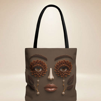 Brown Dahlia Face Tote Bag | Double-Sided Botanical Art Tote