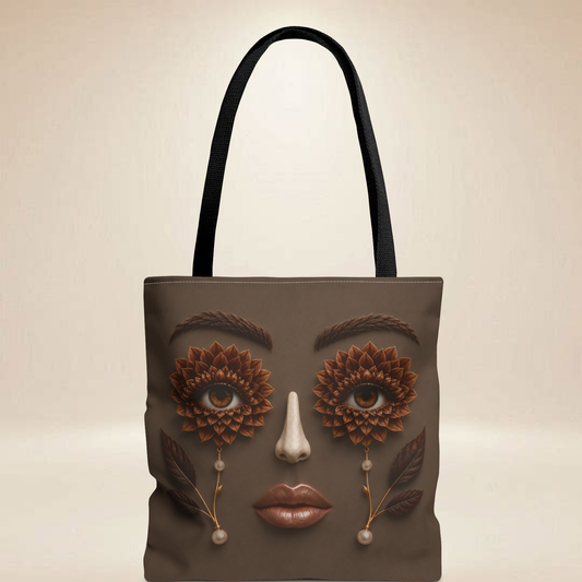 Brown Dahlia Face Tote Bag | Double-Sided Botanical Art Tote
