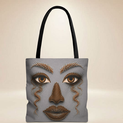 "Denim Look" Abstract Face Tote Bag | Double-Sided Art Tote