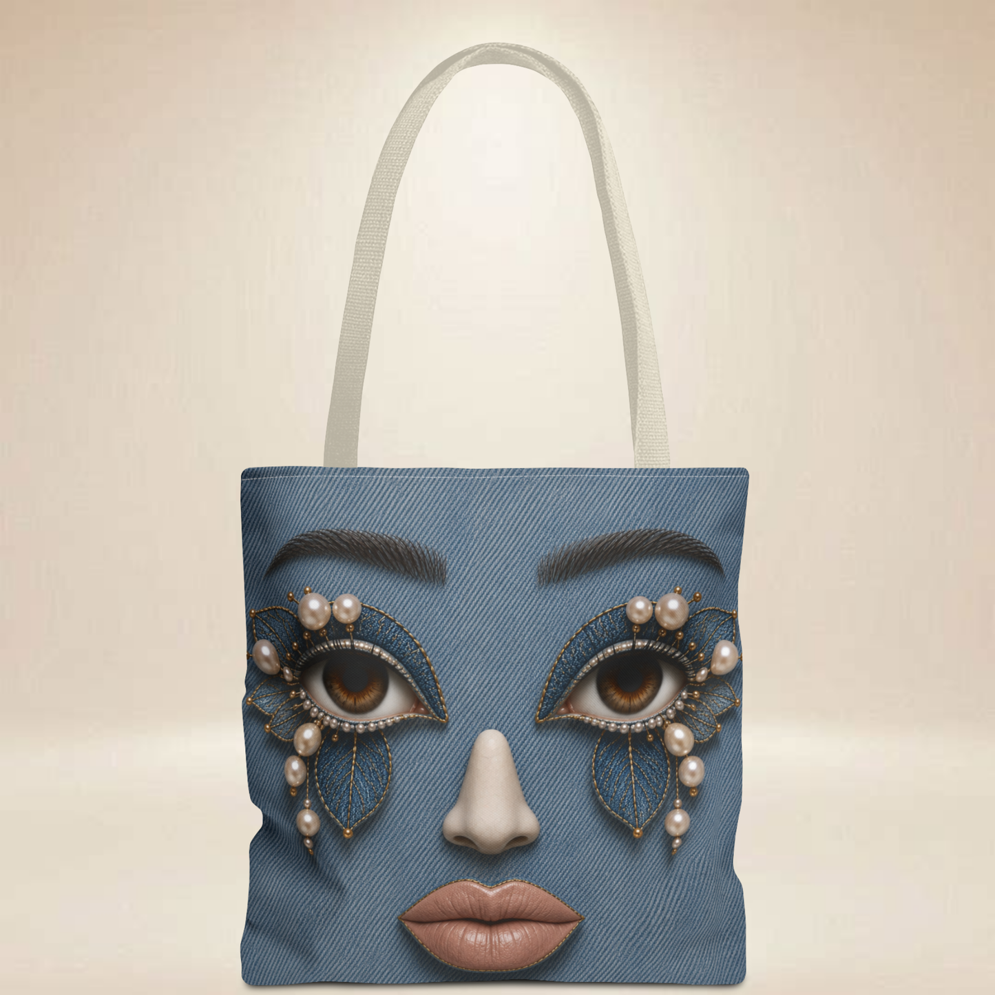 Denim "INSPIRED" Face Tote Bag | Double-Sided Art Tote