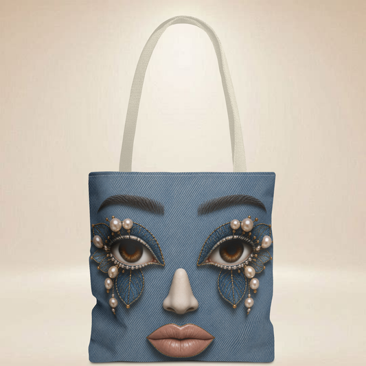 Denim "INSPIRED" Face Tote Bag | Double-Sided Art Tote