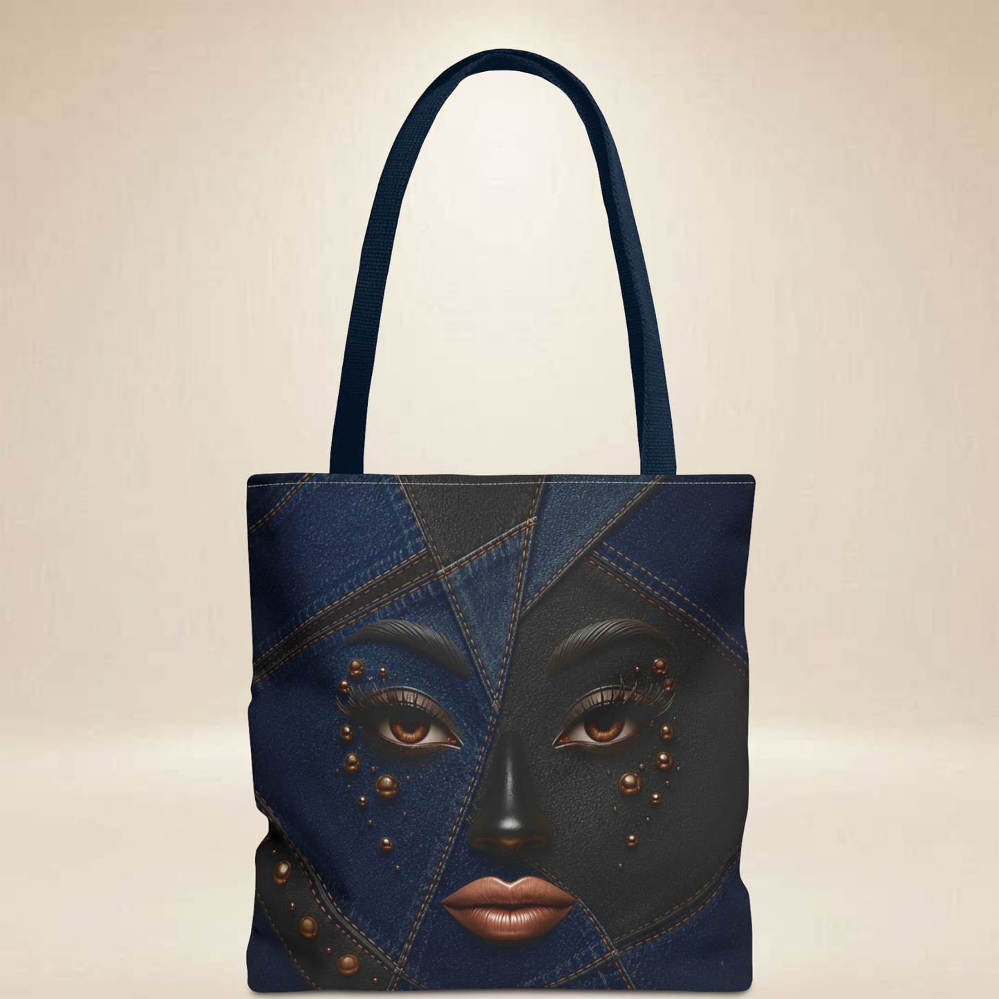 Denim "INSPIRED" Patchwork Face Tote Bag | Double-Sided Art Tote