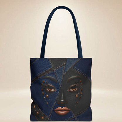 Denim "INSPIRED" Patchwork Face Tote Bag | Double-Sided Art Tote