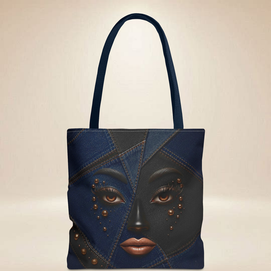 Denim "INSPIRED" Patchwork Face Tote Bag | Double-Sided Art Tote