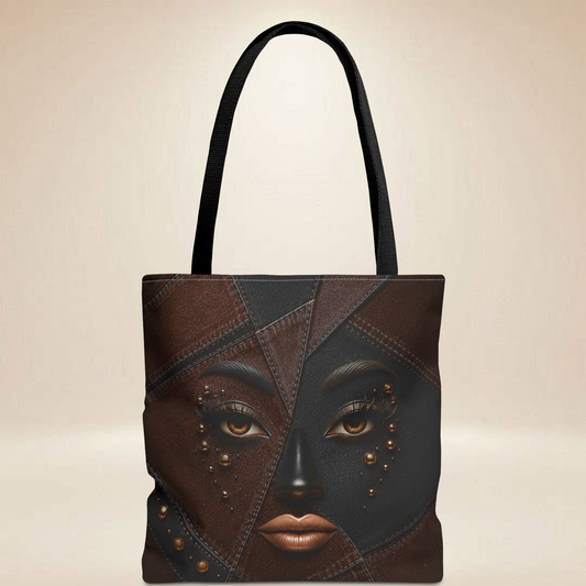 Brown Patchwork Face Tote Bag | Double-Sided Art Tot