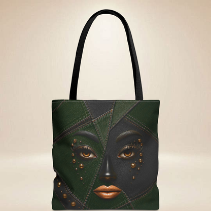 Green Patchwork Face Tote Bag | Double-Sided Art Tote