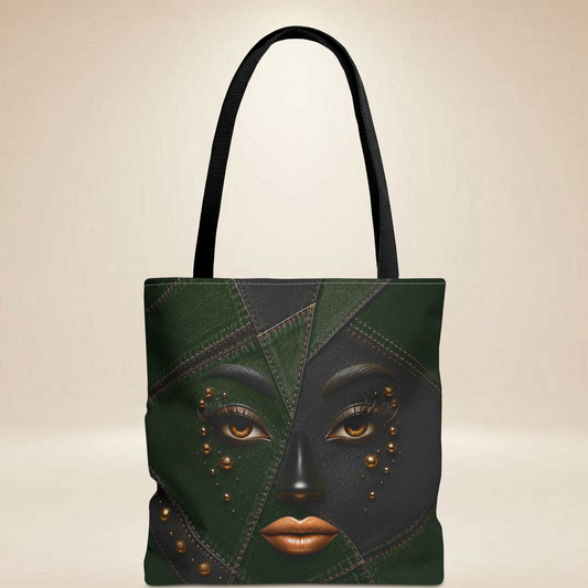 Green Patchwork Face Tote Bag | Double-Sided Art Tote