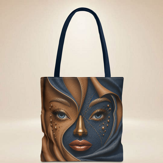 Abstract Bronze & Navy Face Tote Bag | Double-Sided Art Tote