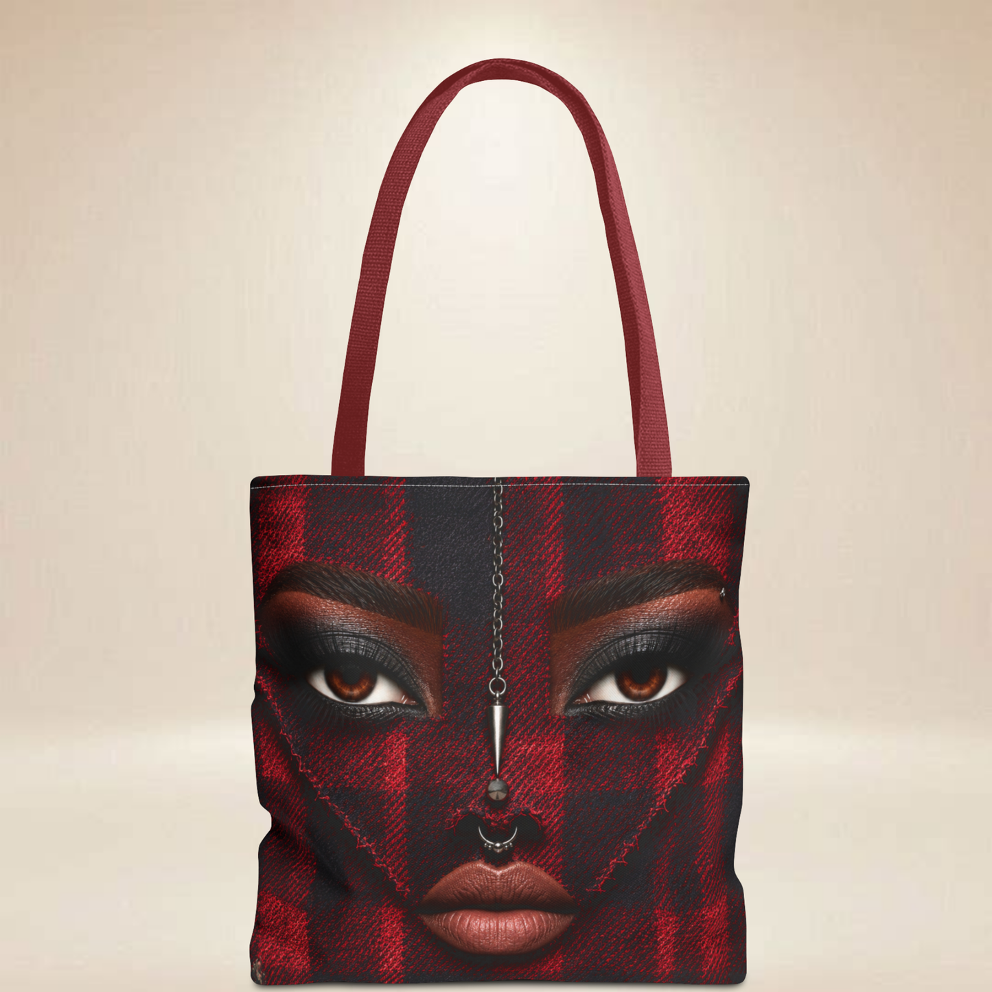 Red Plaid Face Tote Bag | Double-Sided Chain Design