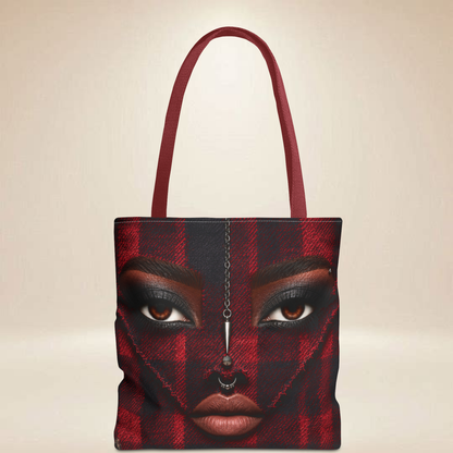 Red Plaid Face Tote Bag | Double-Sided Chain Design