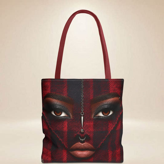 Red Plaid Face Tote Bag | Double-Sided Chain Design