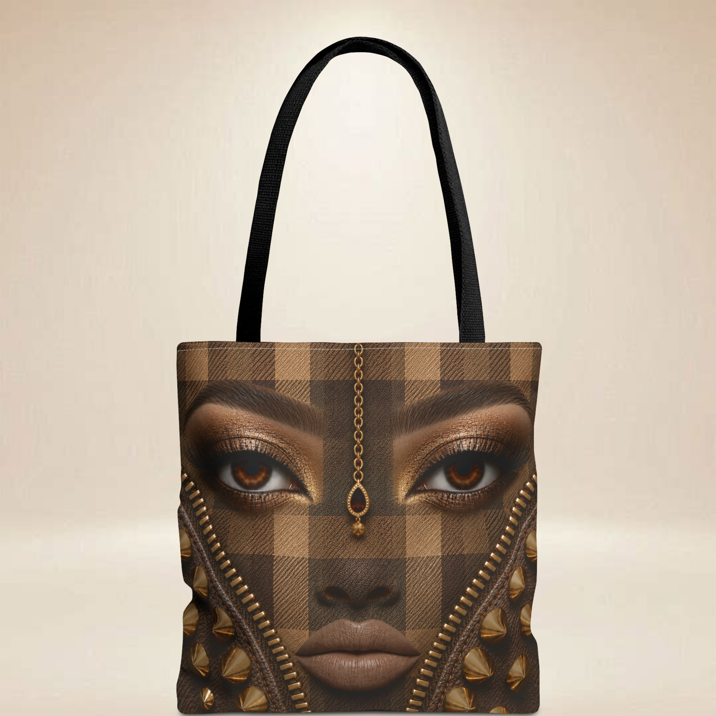 Brown Plaid Face Tote Bag | Double-Sided Portrait Design