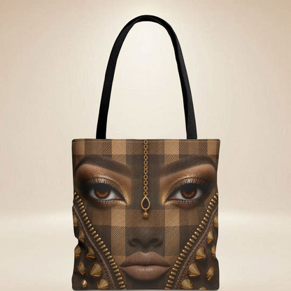 Brown Plaid Face Tote Bag | Double-Sided Portrait Design