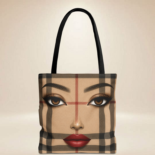 Plaid Face Print Tote Bag — Vintage Charm Keychain Design